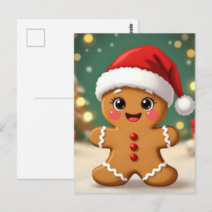 Postal Hombre de jengibre bonito con sombrero de Navidad