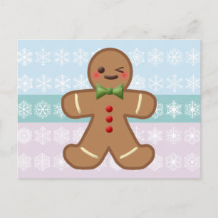 Postal Hombre de jengibre kawaii y copos de nieve