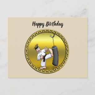 Postal Hombre de karate del cinturón negro pateando una b