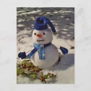 Postal Hombre de nieve con Gorra azul y bufanda