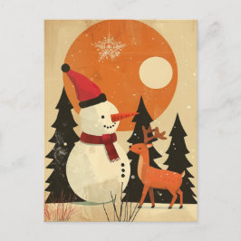 Postal Hombre de nieve con retro de renos en Navidad de m