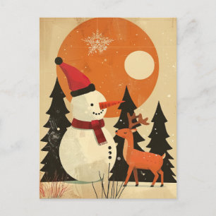 Postal Hombre de nieve con retro de renos en Navidad de m