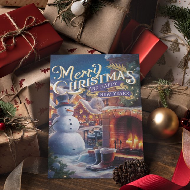 Postal Hombre de nieve festivo por chimenea (Subido por el creador)