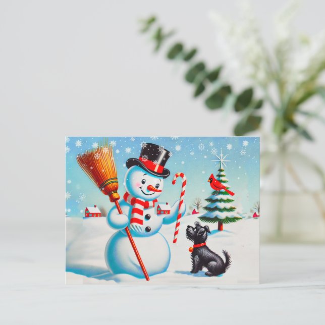Postal Hombre De Nieve Retro, Perro Cuto, Cardenal Rojo Y (Anverso de pie)