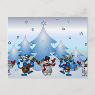 Postal Hombre de nieve y renos bailando bajo los árboles