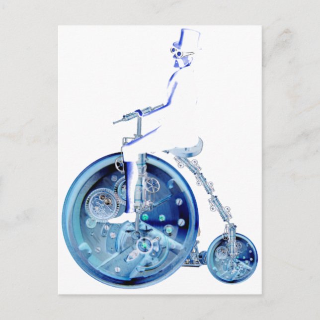 Postal Hombre de Steampunk con neón blanco azul penny far (Anverso)