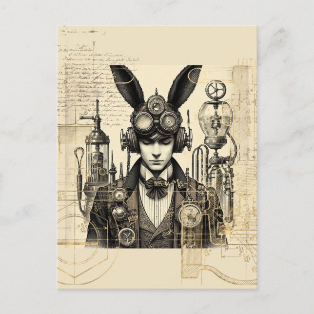Postal Hombre de Steampunk con orejas conejitas (Anverso)