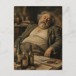 Postal Hombre durmiendo y botellas de vino