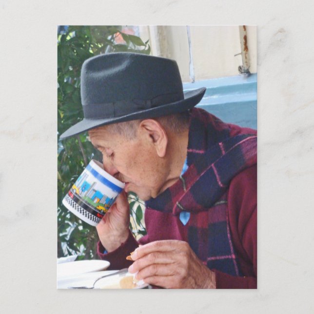 Postal Hombre en el café - Primera copa de café (Anverso)