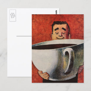 Postal Hombre Feliz Antiguo Bebiendo Taza Gigante de Café