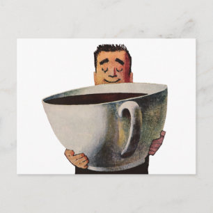 Postal Hombre Feliz Antiguo Bebiendo Taza Gigante de Café