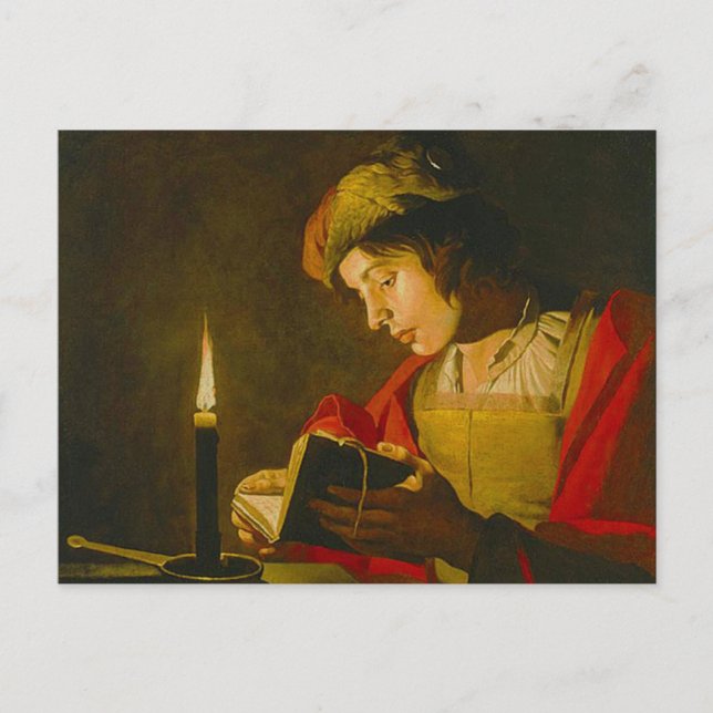 Postal Hombre joven leyendo a la luz de las velas (Anverso)