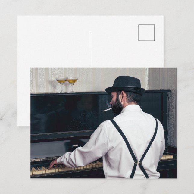 Postal Hombre retro tocando piano y fumando (Anverso / Reverso)