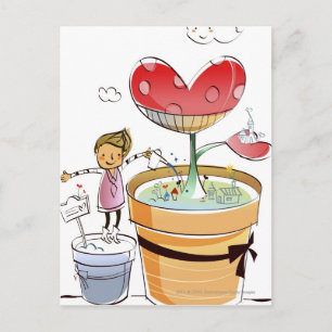 Postal Hombre riego una planta maceta