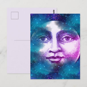 Postal Hombre vintage en la luna llena cara de luna estre