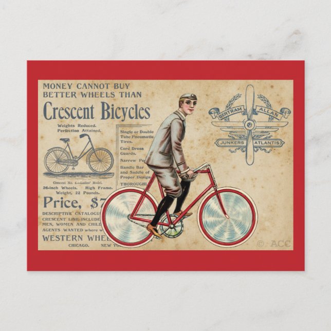 Postal Hombre Vintage montando bicicleta roja (Anverso)
