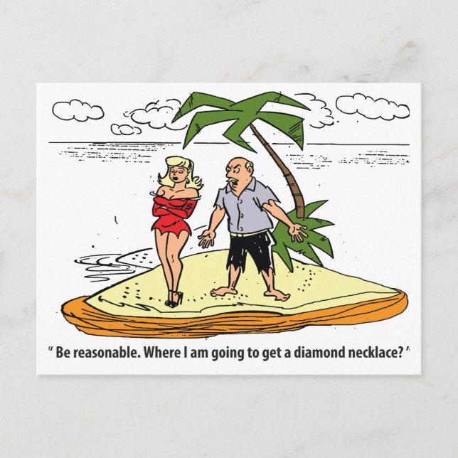 Postal Hombre y mujer en isla del desierto, divertida cos (Anverso)