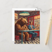 Hombre y oso divertidos en retro diner