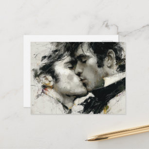 Postal Hombres homosexuales hermosos se besan en blanco y