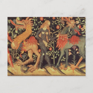 Postal Hombres y animales salvajes, tapiz, siglo XV