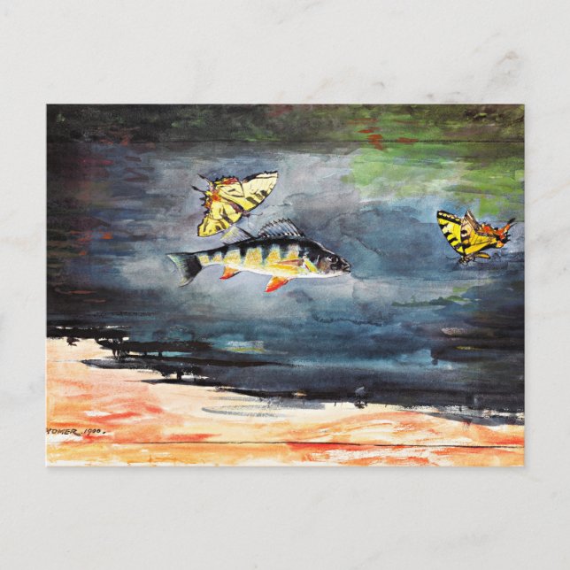 Postal Homer - Pescado y mariposas, pintura famosa (Anverso)