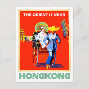 Postal Hong Kong, señora en rickshaw, viaje vintage