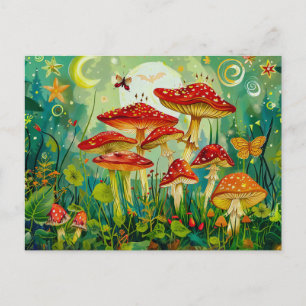 Postal Hongos Agaros Volados Bajo Luz Luna Completa