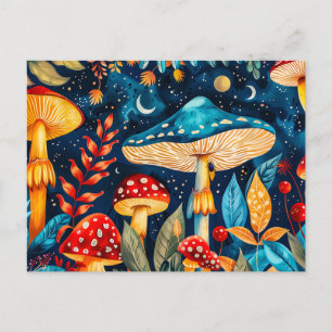 Postal Hongos Agaros Volados Bajo Luz Luna Completa