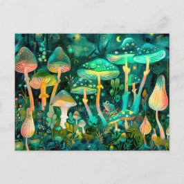 Postal Hongos brillantes verdes en grupo de noche