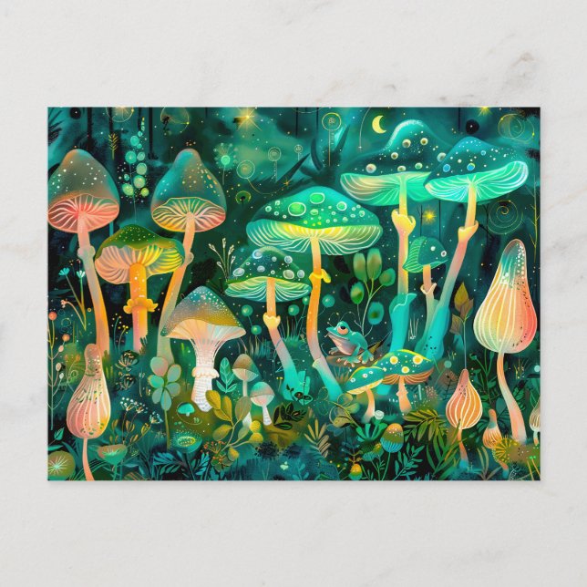 Postal Hongos brillantes verdes en grupo de noche (Anverso)