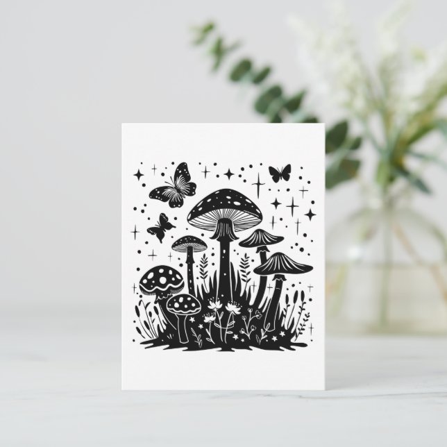 Postal Hongos celestes de Boho con mariposas y estrella (Anverso de pie)