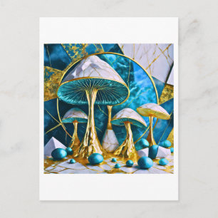 Postal Hongos en surrealismo geométrico azul y dorado