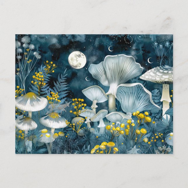 Postal Hongos fantasmas agrupados en escena nocturna (Anverso)