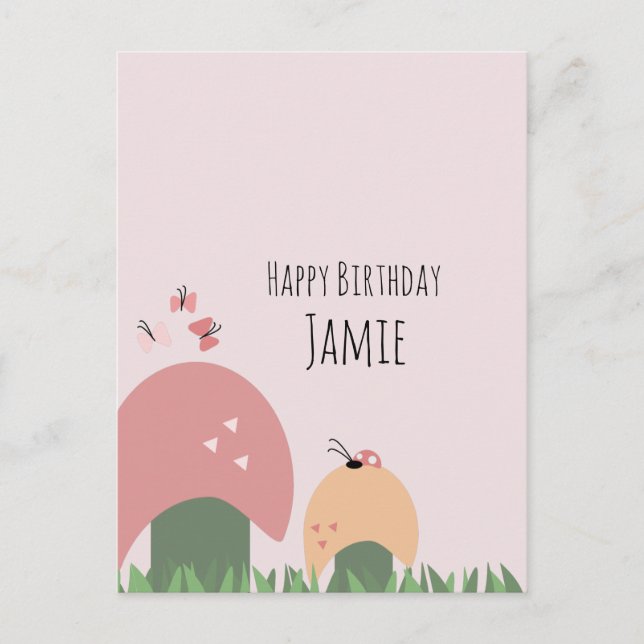 Postal Hongos, Mariposas y Mariquitas Feliz Cumpleaños (Anverso)