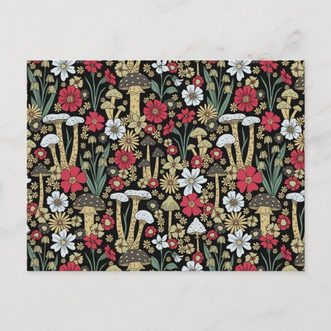 Postal Hongos y flores rojas y verdes (Anverso)