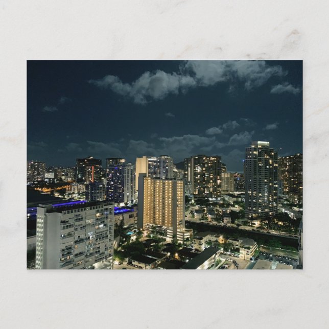 Postal Honolulu de Noche Oahu Hawaii Fotografía de Ciudad (Anverso)