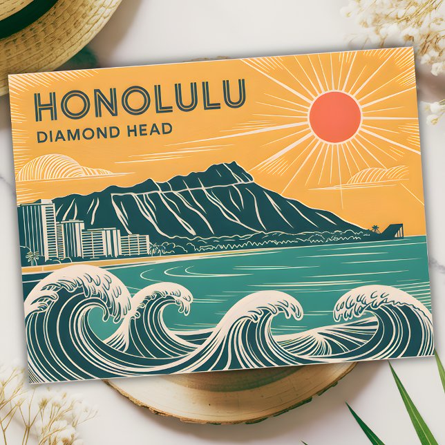 Postal Honolulu Diamond Head Oahu Waikiki Retro Minimal (Honolulu Diamond Head Oahu Waikiki Retro Minimal Postcard)