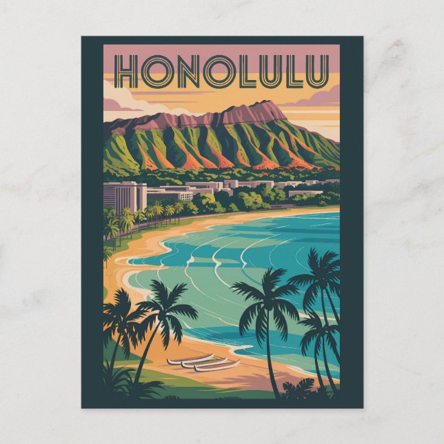 Postal Honolulu Hawaii Ilustracion Viaje Arte Vintage (Anverso)