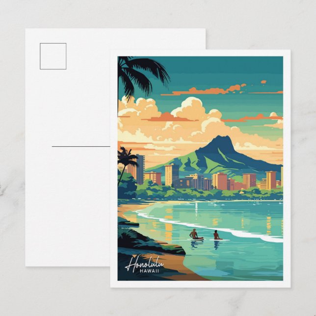 Postal Honolulu Hawaii Viaje ilustracion de Viaje (Anverso / Reverso)