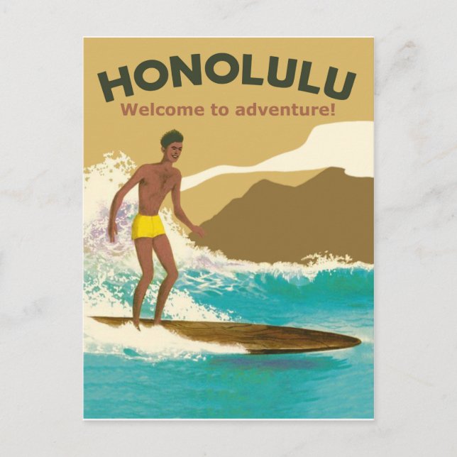 Postal Honolulu, surfeando en olas del océano (Anverso)