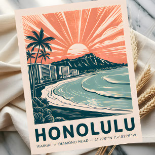 Postal Honolulu Waikiki Diamond Head Scenic Retro Travel