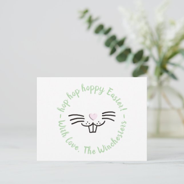 Postal Hoppy Easter gracioso lindo conejito rostro person (Anverso de pie)
