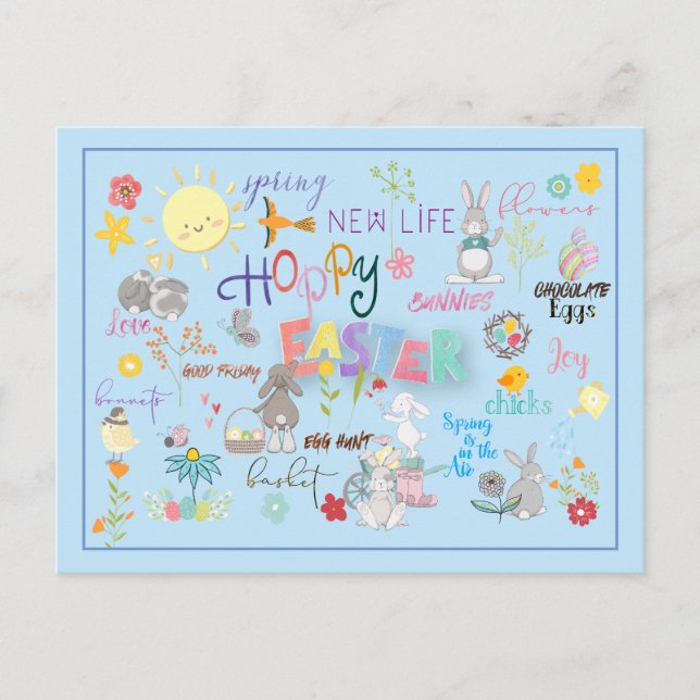Postal Hoppy Easter Wordart Saludos Fondo Azul (Anverso)