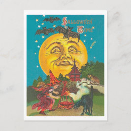 Postal Hora de Halloween, bruja joven en luna amarilla co