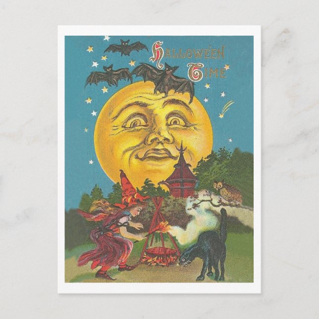 Postal Hora de Halloween, bruja joven en luna amarilla co (Anverso)
