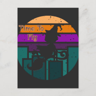 Postal Hora De Volar - Gato De Bruja Retro De Halloween