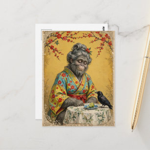 Postal Hora del Té del Sasquatch con un Cuervo