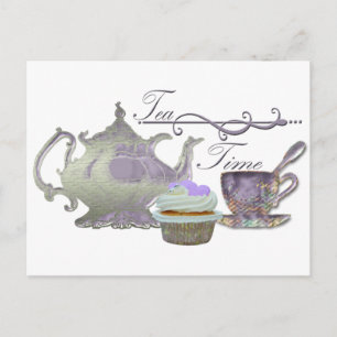 Postal ¡Hora del té! Lilac Teapot, Teacup y Cupakes Art