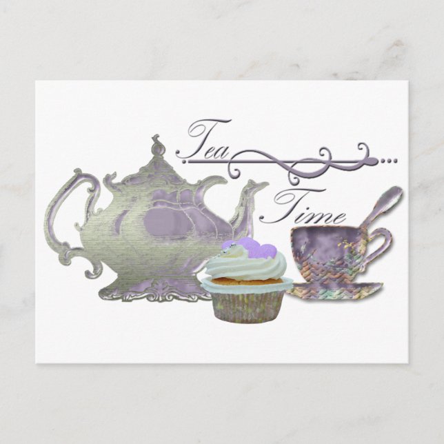 Postal ¡Hora del té! Lilac Teapot, Teacup y Cupakes Art (Anverso)