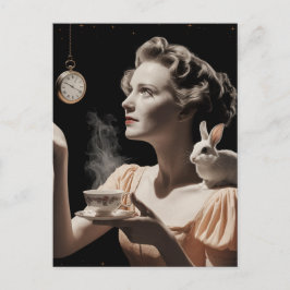 Postal Hora del té surrealista con conejo